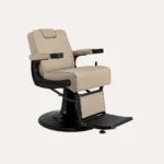 barbers chairs for sale Maverick barber chair in black PVC vinyl with elegant straight-line stitching, bold matte black metal accents, and a heavy-duty hydraulic base.