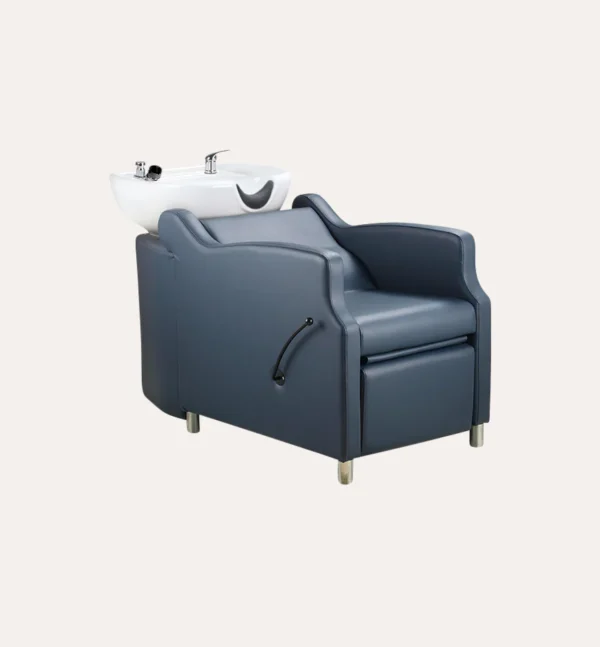 shampoo bowl chair Modern Amaré shampoo backwash unit featuring a tilting black ceramic bowl, sleek upholstered chair, and durable plumbing fixtures for professional hair washing.