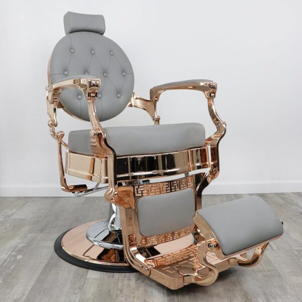 antique barber chairs​ Rose gold barber chair with white tufted vinyl upholstery, a polished rose gold metallic frame, and a heavy-duty hydraulic circular base.