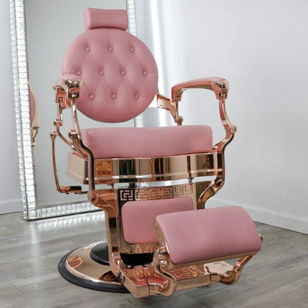barber chairs for sale near me Anastasia barber chair in premium pink PVC vinyl with rose gold chrome framing, tufted button details, and a heavy-duty hydraulic base.