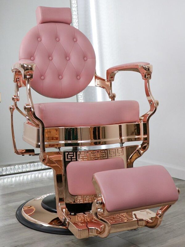 barber chairs for sale near me Anastasia barber chair in premium pink PVC vinyl with rose gold chrome framing, tufted button details, and a heavy-duty hydraulic base.