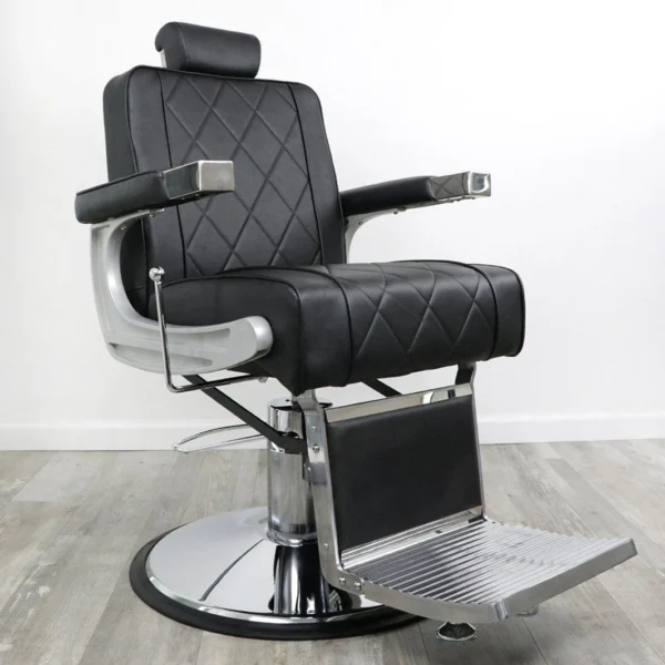 barber chairs for sale Adams vintage-style barber chair in matte black vinyl with button-tufted backrest, chrome hydraulic base, and adjustable headrest.