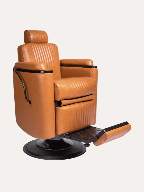 Barrel classic heavy-duty reclining barber chair in camel vinyl upholstery with chrome footrest. cheap barber shop chairs