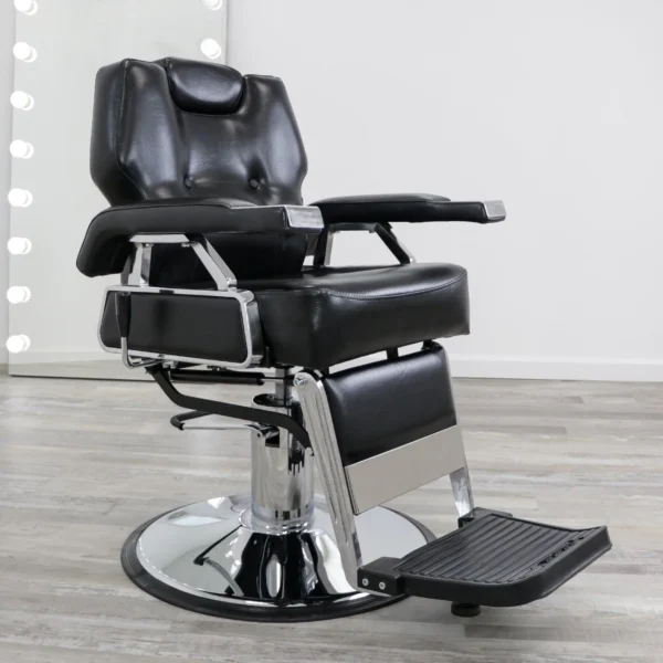 black barber chairs The Economic Barber Chair in black PVC vinyl with a heavy-duty steel frame, dual reclining mechanism, and 360-degree swivel base.