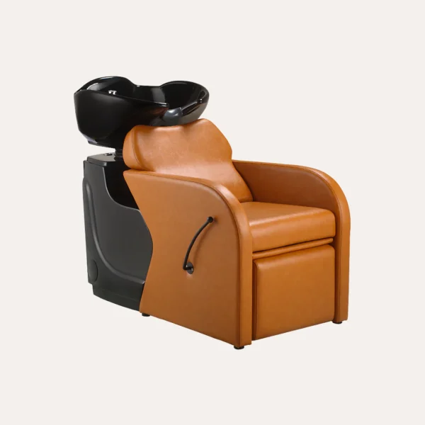salon shampoo bowl and chair Contemporary Caitlyn shampoo backwash unit with a deep tilting ceramic bowl, ergonomic black vinyl chair, and polished chrome hardware.