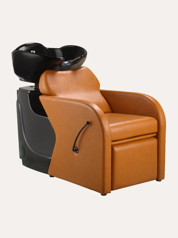 salon shampoo bowl and chair Contemporary Caitlyn shampoo backwash unit with a deep tilting ceramic bowl, ergonomic black vinyl chair, and polished chrome hardware.