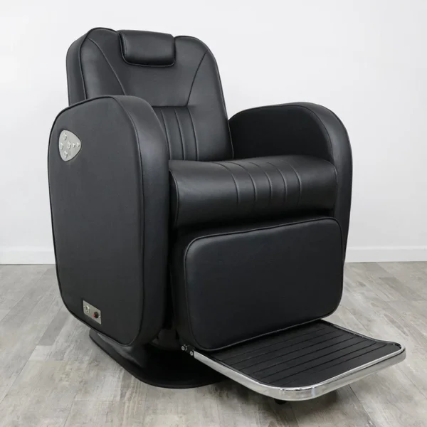 heavy duty barber chairs Modern Evander electric barber chair with dual-motor technology, high-density black PVC vinyl upholstery, and touch-button remote controls on a heavy-duty 500-lb capacity base.