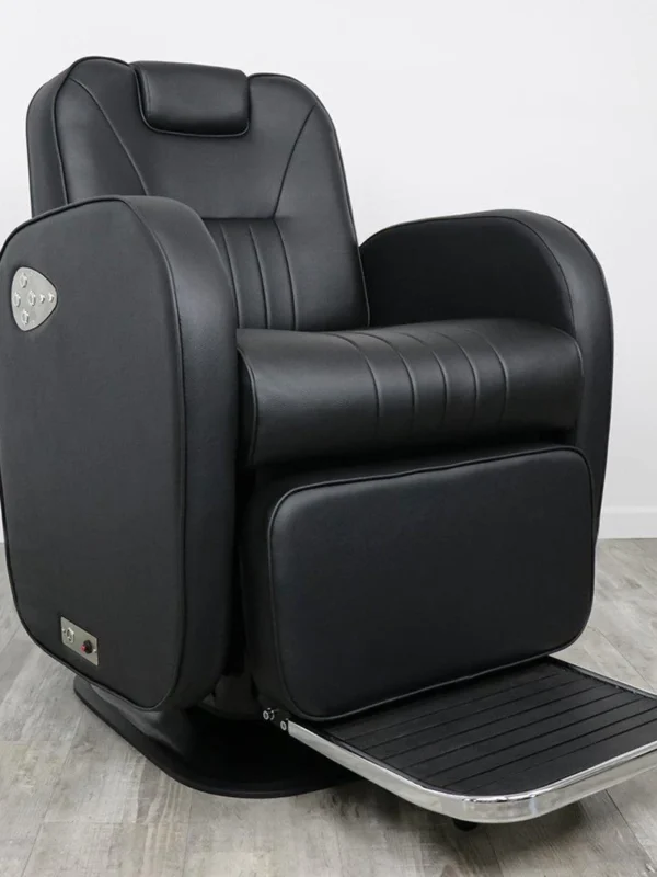 heavy duty barber chairs Modern Evander electric barber chair with dual-motor technology, high-density black PVC vinyl upholstery, and touch-button remote controls on a heavy-duty 500-lb capacity base.
