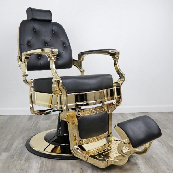 barber shop chairs Knockout Gold barber chair featuring matte black vinyl upholstery, a gold-chromed steel frame, tufted backrest buttons, and a heavy-duty hydraulic base.