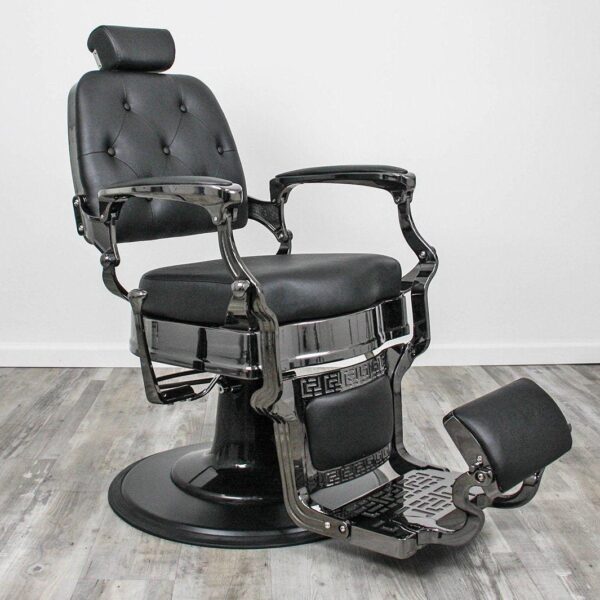 black barber shop chairs Durable Knockout barber chair with reinforced metal framing, high-density black padded cushions, and a heavy-duty hydraulic round base for professional barbershops.