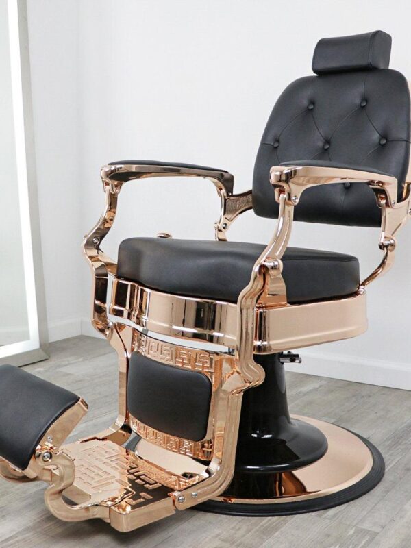 barber chairs near me Professional Knockout barber chair featuring premium black upholstery, a striking rose gold chrome frame, and a heavy-duty hydraulic round base.