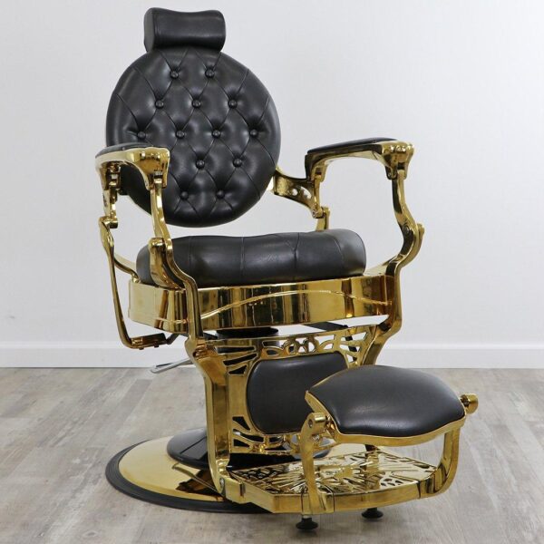 reclining barber chairs Phoenix barber chair with vintage-inspired antique framing, premium tufted leatherette upholstery, and a reinforced hydraulic base.