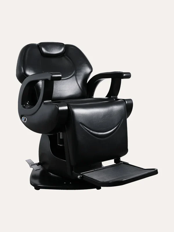 custom barber chairs Reynolds electric barber chair with dual-motor system for independent backrest and height adjustment, featuring black PVC vinyl and a heavy-duty electric base.