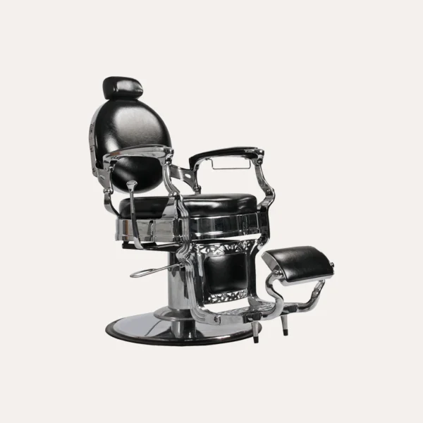 koch barber chairs Royalty barber chair featuring a thick cast aluminum frame, diamond-stitched upholstery, a traditional towel bar, and a 500-lb capacity hydraulic base.