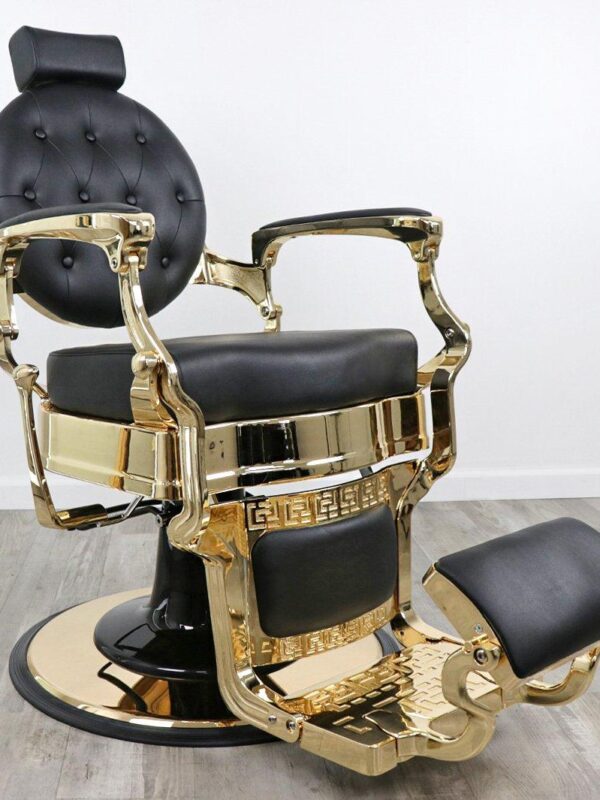Vintage barber chairs for sale Toronto Gold barber chair available in evergreen or black vinyl, featuring a polished gold chrome frame, tufted button backrest, and a heavy-duty hydraulic base.