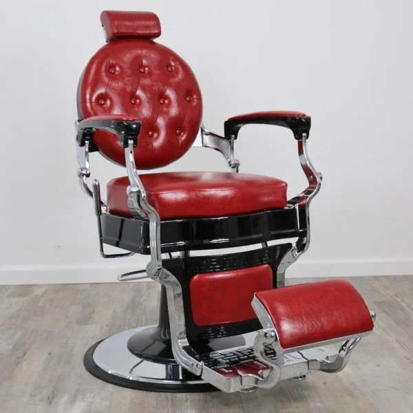 red barber chairs Toronto barber chair with tufted button upholstery, chrome metal framing, and a heavy-duty hydraulic pump base for professional grooming.