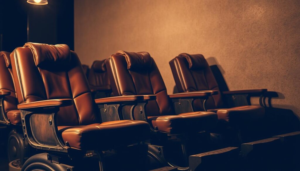 A dimly lit, cozy pedicure salon featuring a row of used, vintage-inspired "James Barber Shop" spa chairs. The chairs have a well-worn, weathered appearance, with distressed leather upholstery and aged metal frames. Soft, warm lighting casts a gentle glow, creating a relaxing ambiance. The chairs are positioned against a neutral, textured wall, allowing them to take center stage. The overall scene conveys a sense of comfort and history, hinting at the unique stories these chairs may have witnessed over the years.