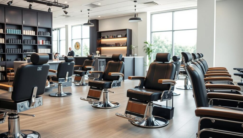 A modern, high-end hair salon featuring a selection of customizable salon chairs from the James Barber Shop brand. In the foreground, a selection of chairs with adjustable headrests, armrests, and seat cushions in a range of premium materials and colors, including leather, chrome, and wood accents. In the middle ground, a stylish reception desk and shelving units displaying salon products. The background showcases large windows allowing natural light to flood the space, creating a bright and welcoming atmosphere. The overall mood is one of sophisticated elegance and personalized style.