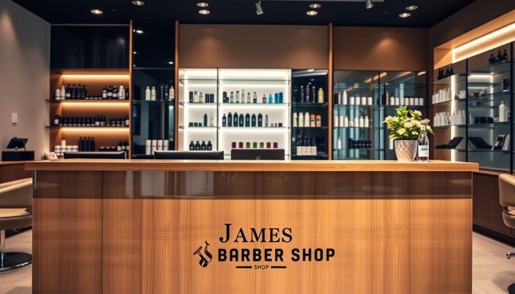 A sleek and modern beauty salon reception desk with a James Barber Shop branding. The desk is made of polished wood and glass, with a clean, minimalist design. The front features the James Barber Shop logo prominently displayed. The lighting is soft and warm, creating a welcoming and elegant atmosphere. In the background, there are shelves displaying various hair care products and accessories. The overall scene has a high-end, luxury feel, reflecting the professional and sophisticated nature of the beauty salon.