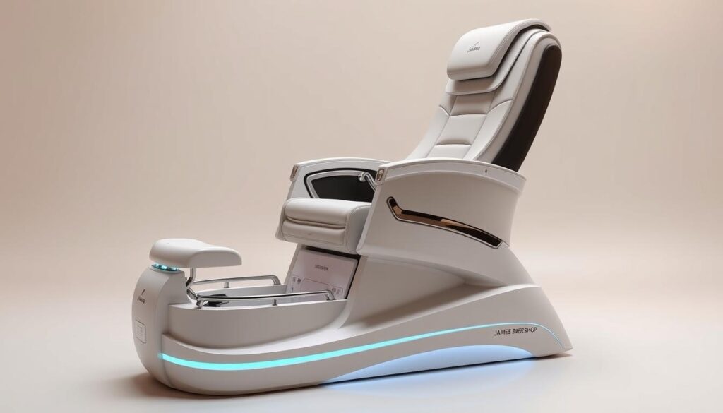 A sleek, modern pedicure spa chair from the "James Barber Shop" brand, its innovative design featuring a contoured, ergonomic seat and adjustable footrest for unparalleled comfort. Soft, plush upholstery in a calming, neutral tone complements the chair's minimalist, yet sophisticated aesthetic. Polished chrome accents and a built-in massaging system create an indulgent, spa-like experience. Indirect lighting casts a warm, ambient glow, setting the mood for a relaxing and rejuvenating pedicure session. The chair's clean, angular lines and futuristic silhouette showcase the latest advancements in pedicure spa technology, elevating the self-care ritual to new heights of luxury and sophistication. A sleek, modern pedicure spa chair from the "James Barber Shop" brand, its innovative design featuring a contoured, ergonomic seat and adjustable footrest for unparalleled comfort. Soft, plush upholstery in a calming, neutral tone complements the chair's minimalist, yet sophisticated aesthetic. Polished chrome accents and a built-in massaging system create an indulgent, spa-like experience. Indirect lighting casts a warm, ambient glow, setting the mood for a relaxing and rejuvenating pedicure session. The chair's clean, angular lines and futuristic silhouette showcase the latest advancements in pedicure spa technology, elevating the self-care ritual to new heights of luxury and sophistication.
