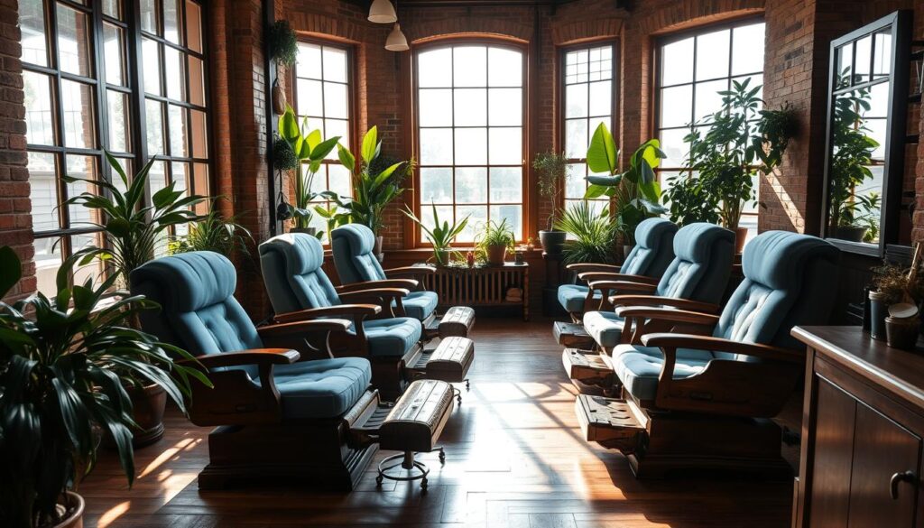 An intimate second-hand pedicure salon, sunlight streaming through large bay windows, showcasing a row of well-worn but sturdy James Barber Shop pedicure chairs. The chairs, in a rich, mahogany finish, exude a comforting, lived-in charm. Soft, plush upholstery in a calming blue hue invites customers to sink in and relax. The space is adorned with lush, verdant plants, creating a serene, rejuvenating atmosphere. Hardwood floors and exposed brick walls lend an authentic, vintage feel, while strategically placed lighting casts a warm, cozy glow. This inviting setup promises a personalized, welcoming pedicure experience for those seeking a unique, second-hand charm.