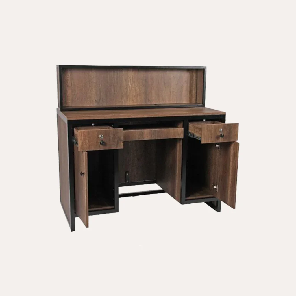 A sleek, contemporary reception desk made of rich, dark wood, set against a minimalist, white-walled backdrop. The desk features clean lines, with a smooth, polished surface and a subtle, James Barber Shop logo inlaid into the surface. Soft, indirect lighting casts a warm glow, creating a welcoming and professional atmosphere. The desk is positioned in the center of the frame, with a subtle depth of field that blurs the background, drawing the viewer's attention to the focal point. The overall composition is balanced and visually appealing, showcasing the beauty and functionality of the reception desk design.